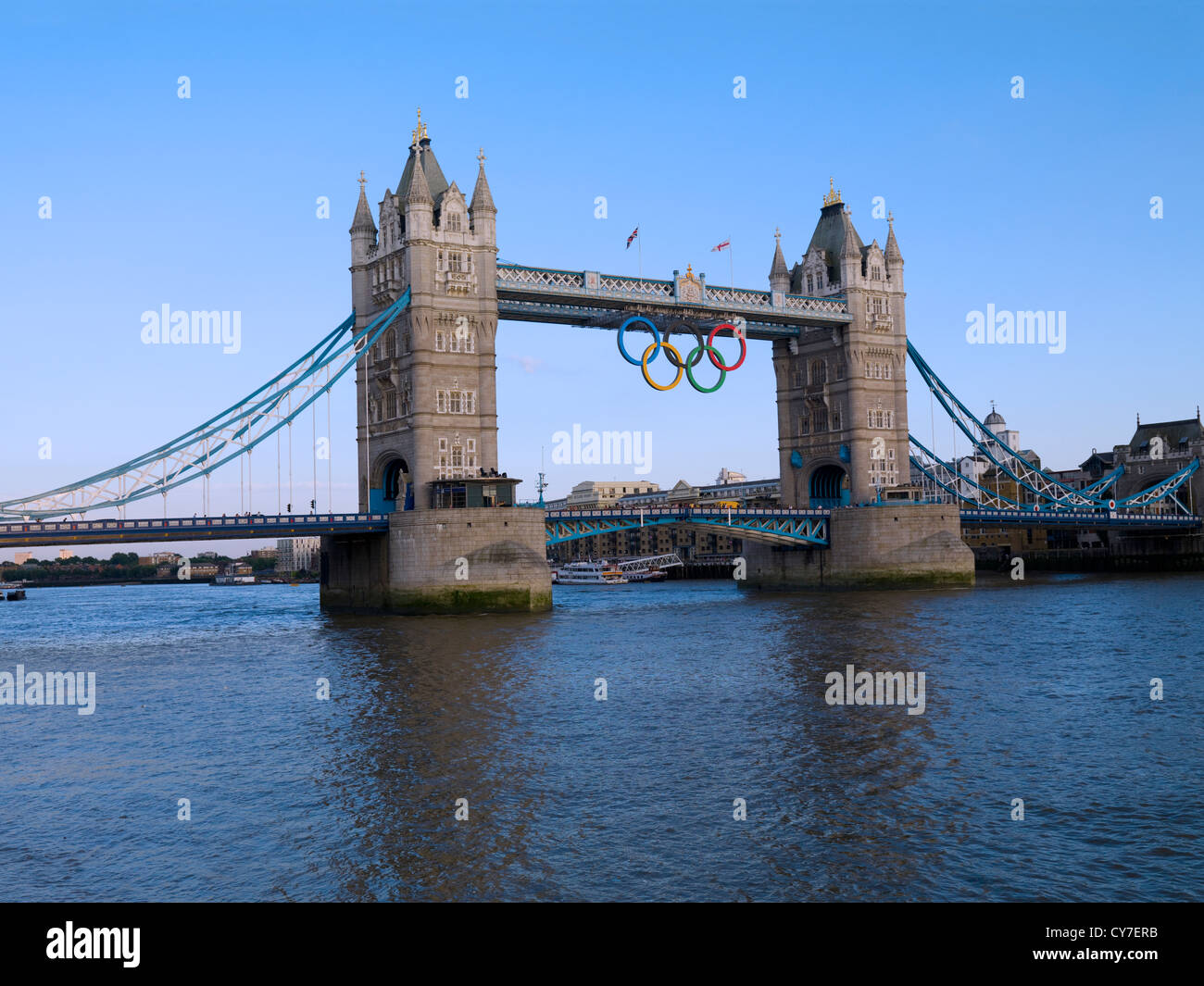 London Bridge and 2012 Olympic rings, London England. Stock Photo