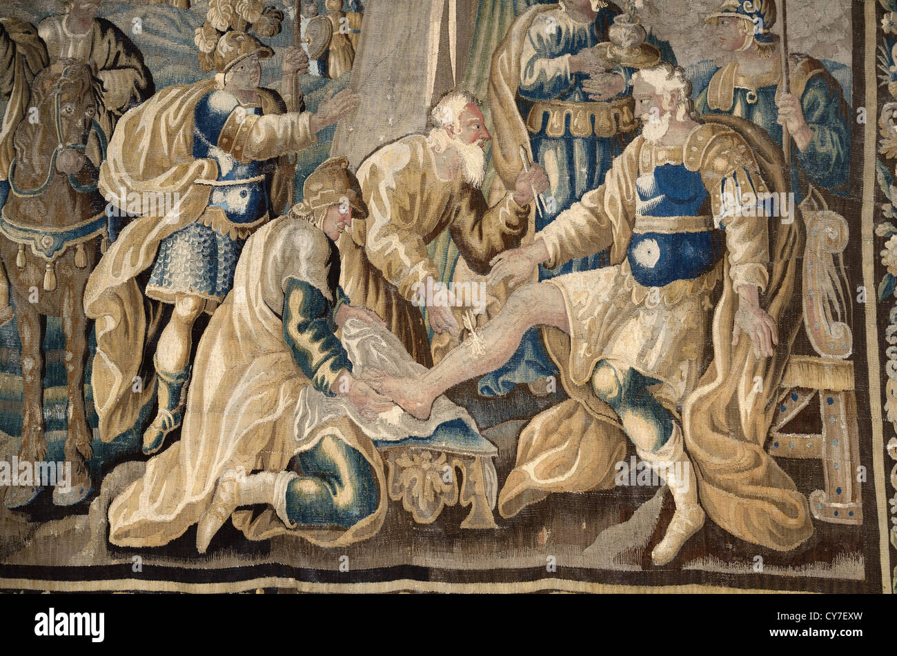 Godfrey of Bouillon, ruler of Jerusalem, Injured by Arrow during the 1st Crusade on c17th Aubusson Tapestry Stock Photo