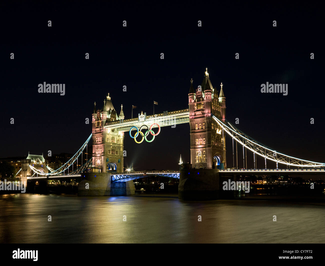 London Bridge and Olympic rings lit up, London 2012 England. Stock Photo