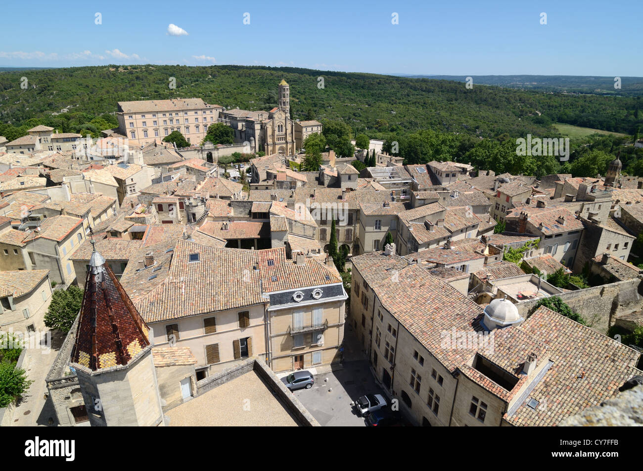 Aerial View, Panorama or Panoramic View over Uzès Old Town or Historic District from Duchy Palace or Château Uzès Gard France Stock Photo