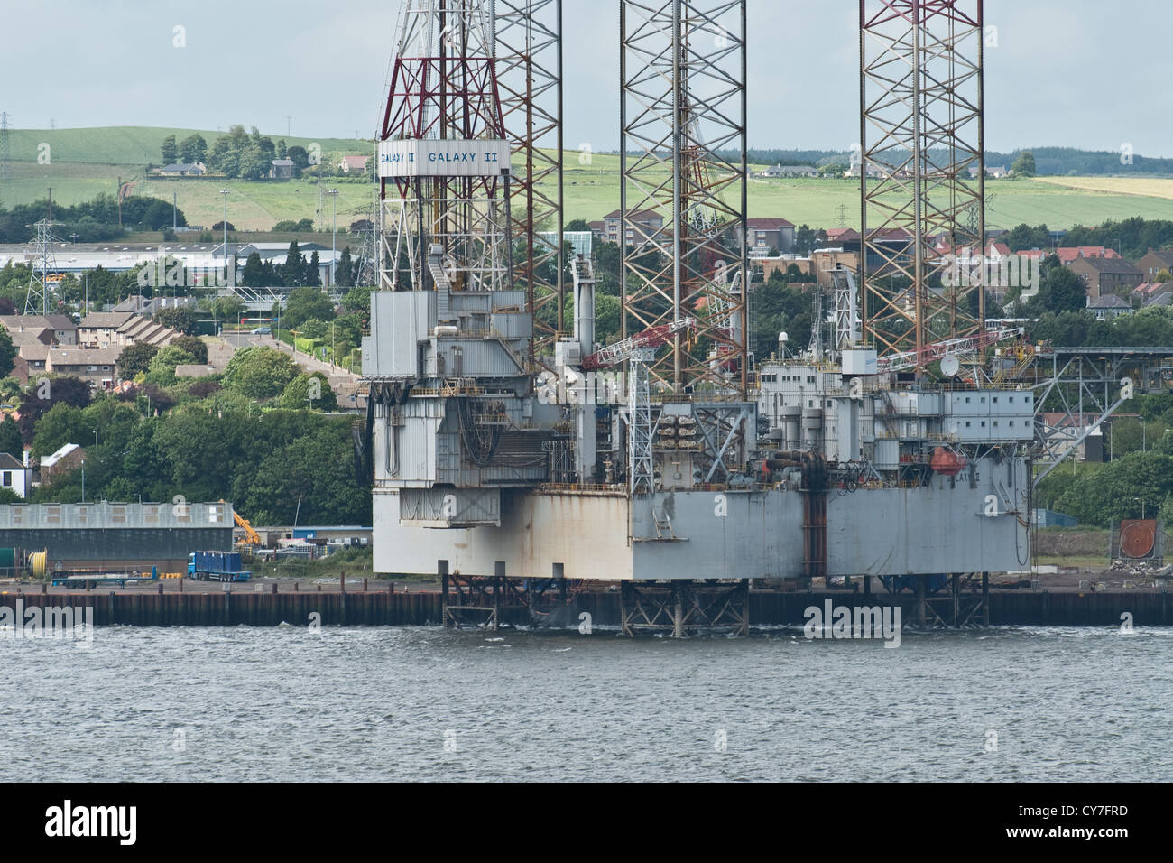Oil industry drilling rig under going maintenance in Dundee docks, Scotland Stock Photo