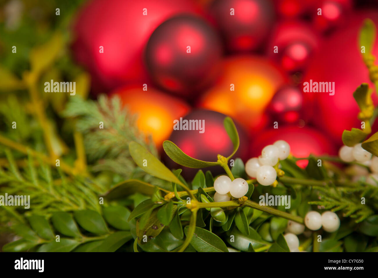 Mistletoe and Christmas ornaments Stock Photo