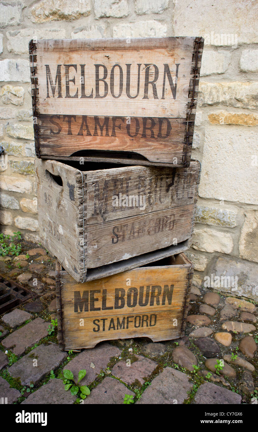 A stack of three beer crates for the Melbourn Brothers brewery in the historic town of Stamford. Stock Photo