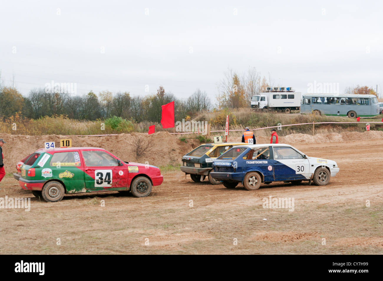Racing cars on start test racing. Stock Photo