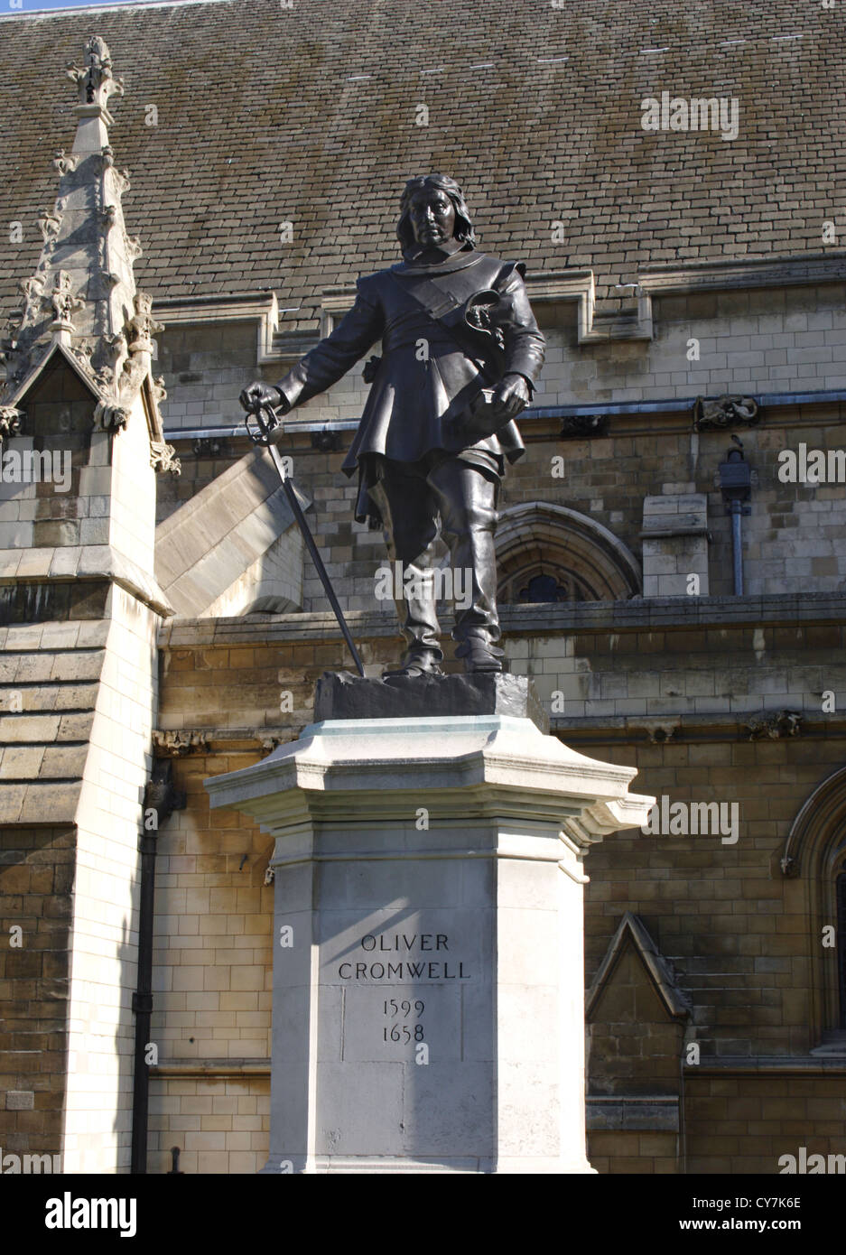 Statue of Oliver Cromwell outside Westminster Abbey London Stock Photo