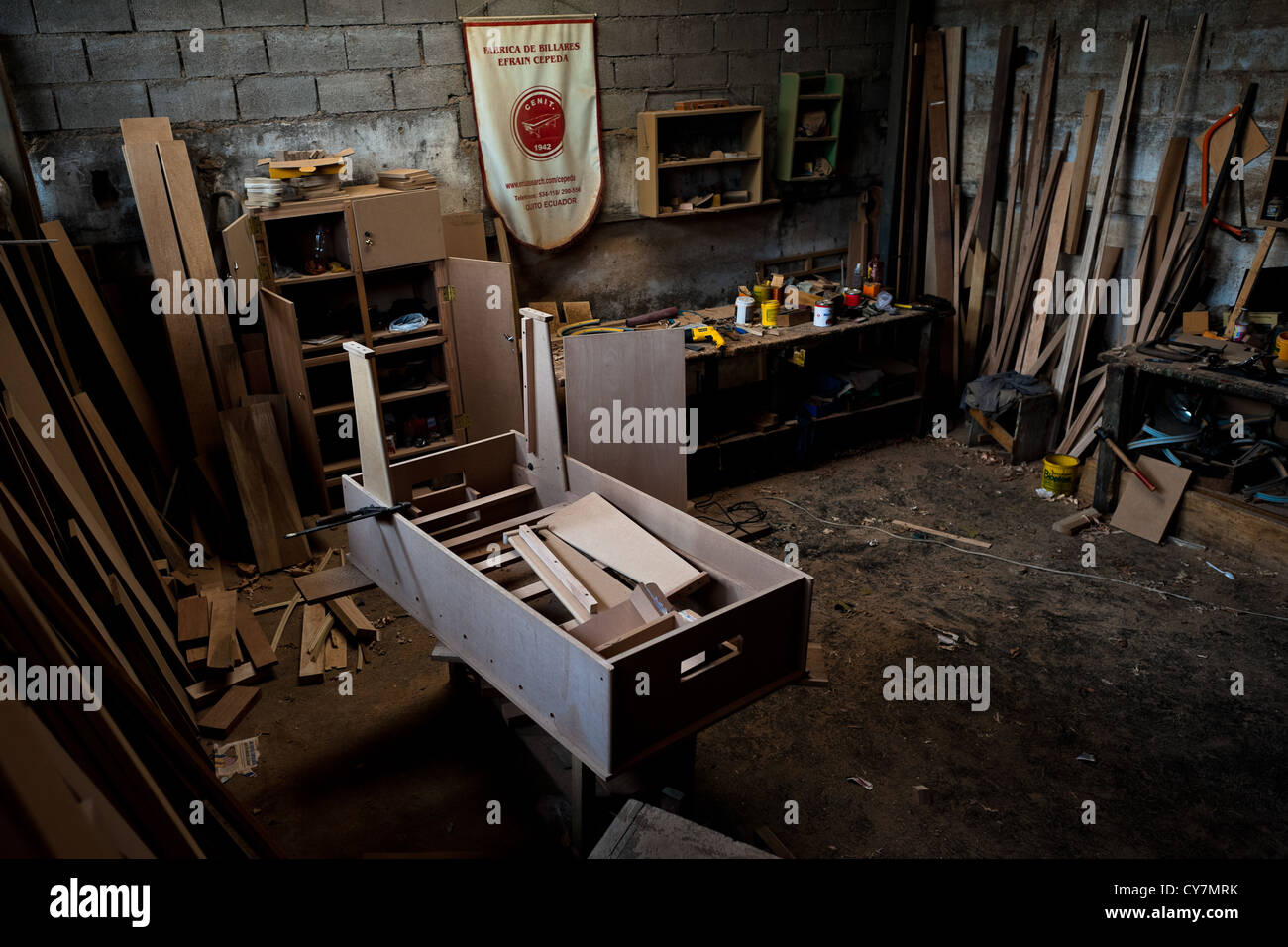 An unfinished chipboard case seen at a table football in Quito