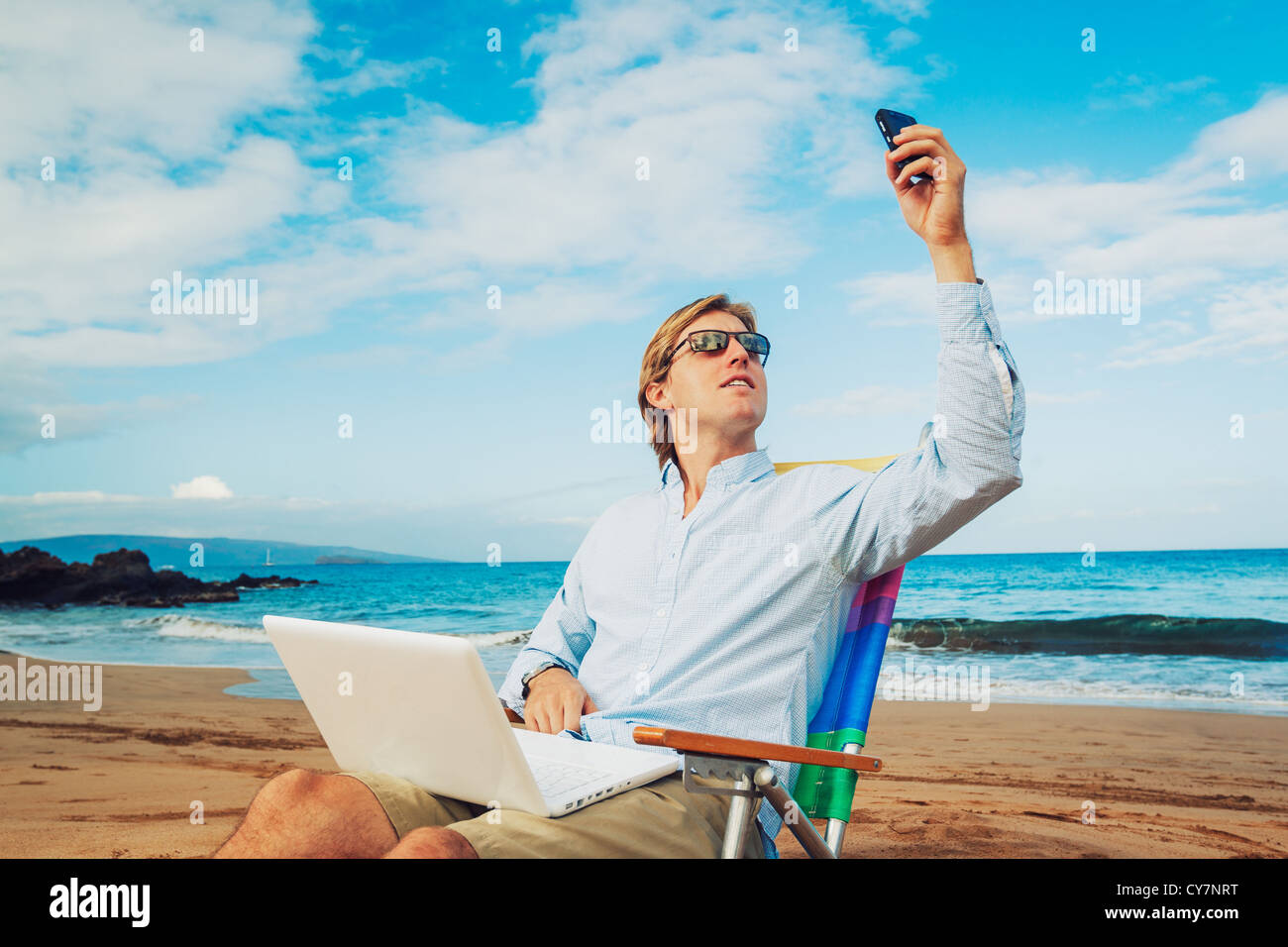Young Business Man Working Remotely on Tropical Beach Stock Photo Alamy