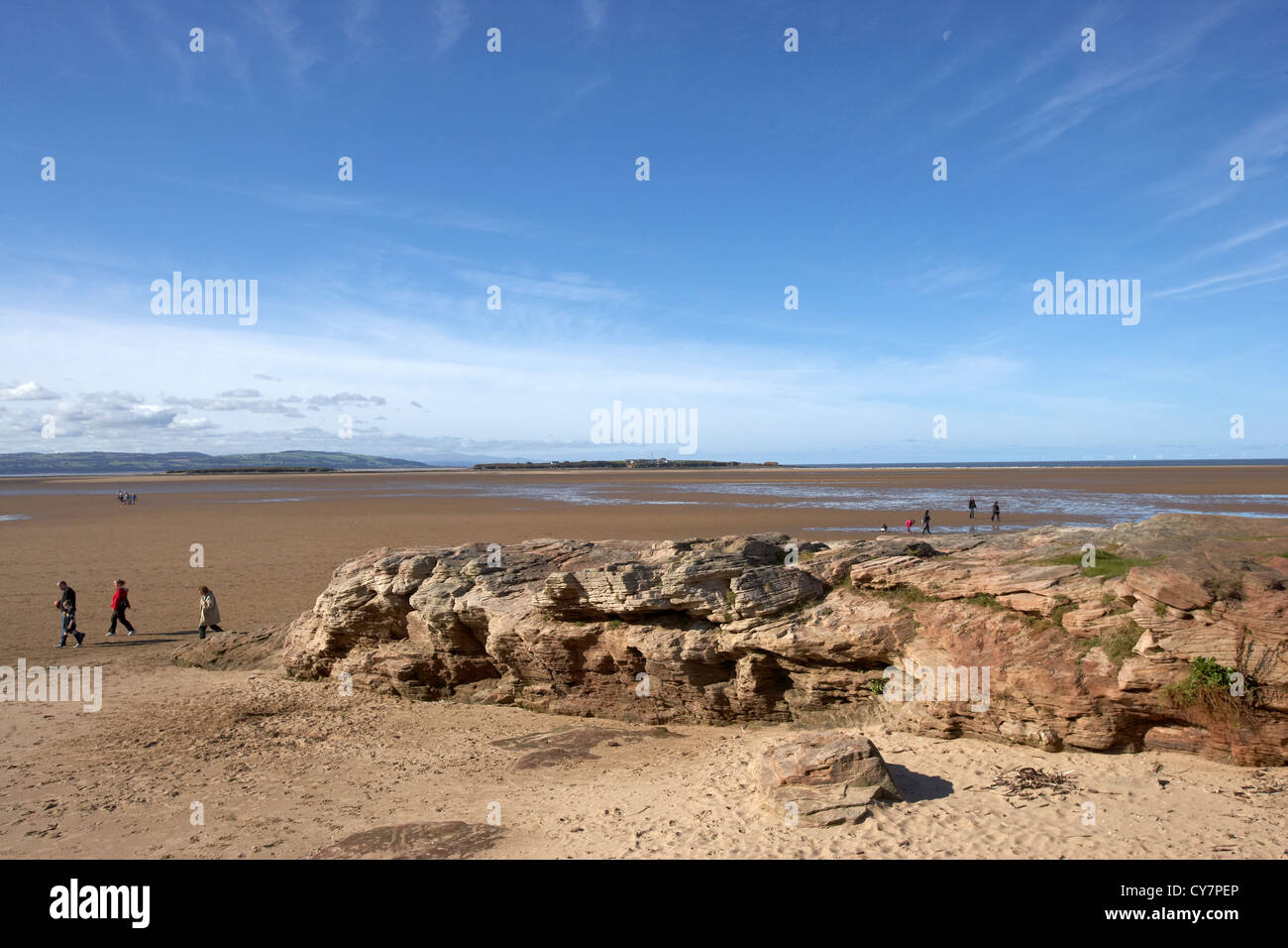 View towards Hilbre Island from Middle Eye with low tide on the River Dee estuary West Kirby Wirral UK Stock Photo