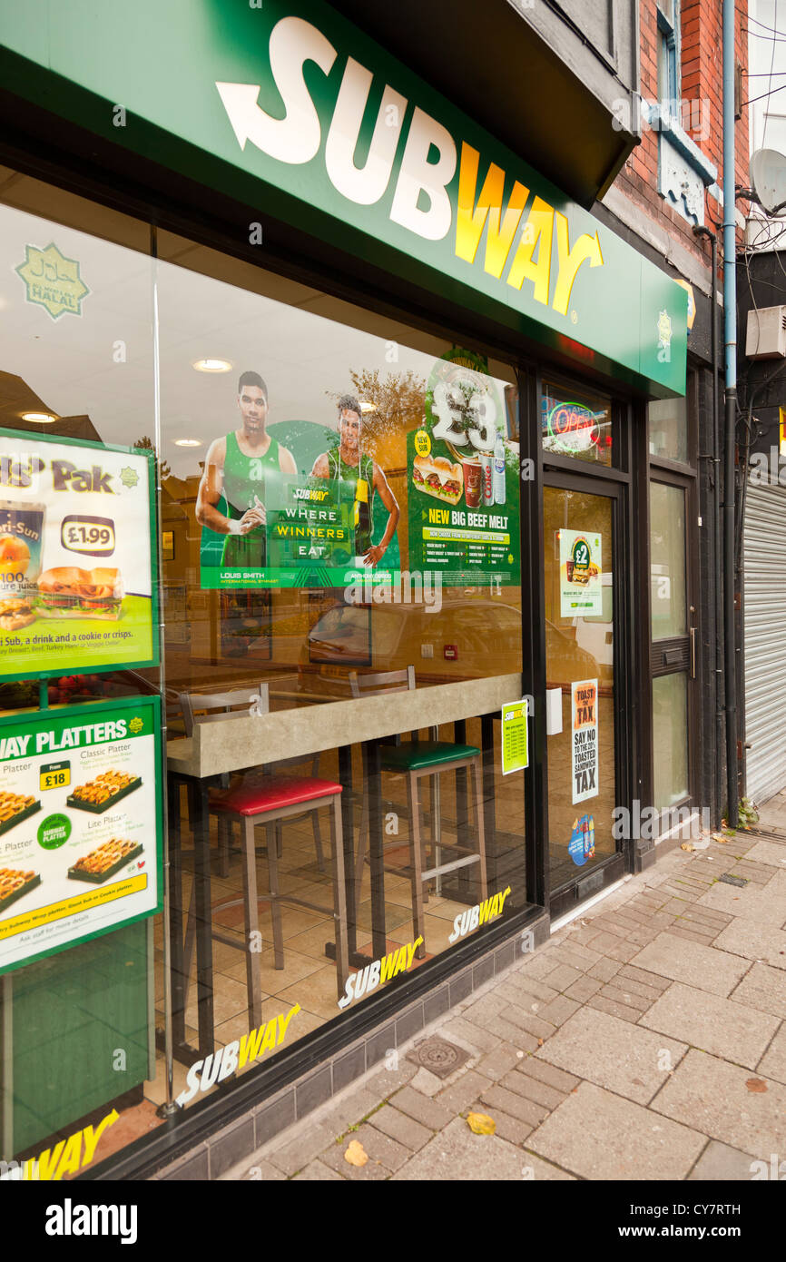 Subway snack and light lunch retailer provider in central City center location, Newport Wales UK. Stock Photo