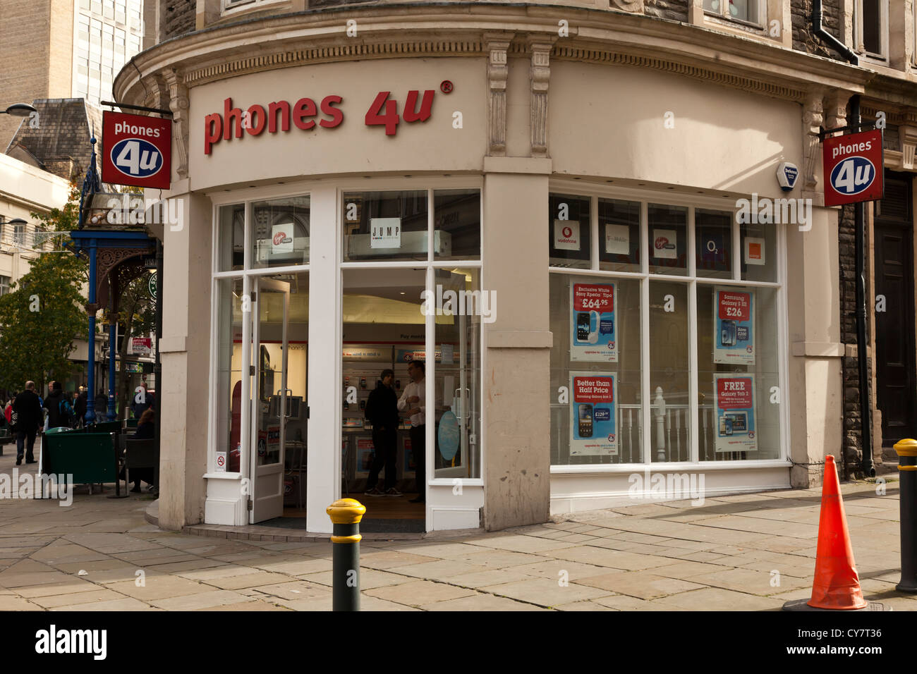 Phones 4 U retail shop store in city centre center location, Newport, Wales, UK, GB. Stock Photo