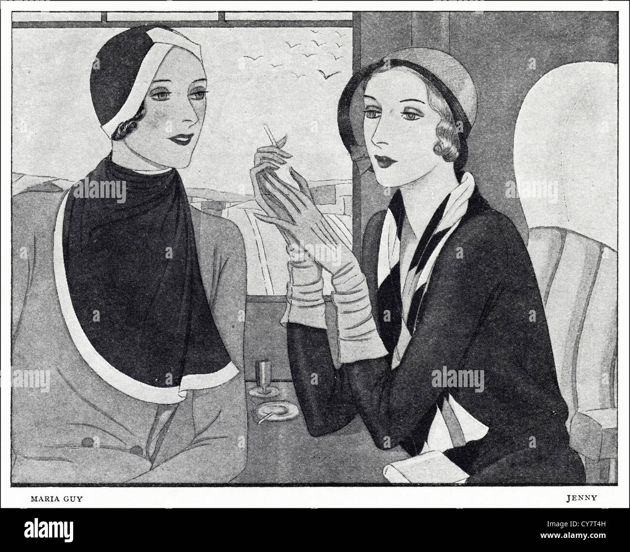 Original 1930s magazine illustration of Paris summer fashion. (left) Hat in beige jersey and white shantung with triangular scarf in shantung silk by designer Maria Guy. (right) Hat with supple crown of beige silk jersey and a brim of brown picot straw. Under the brim is a simple trimming of a knot of beige grosgrain ribbons by designer Jenny. Stock Photo