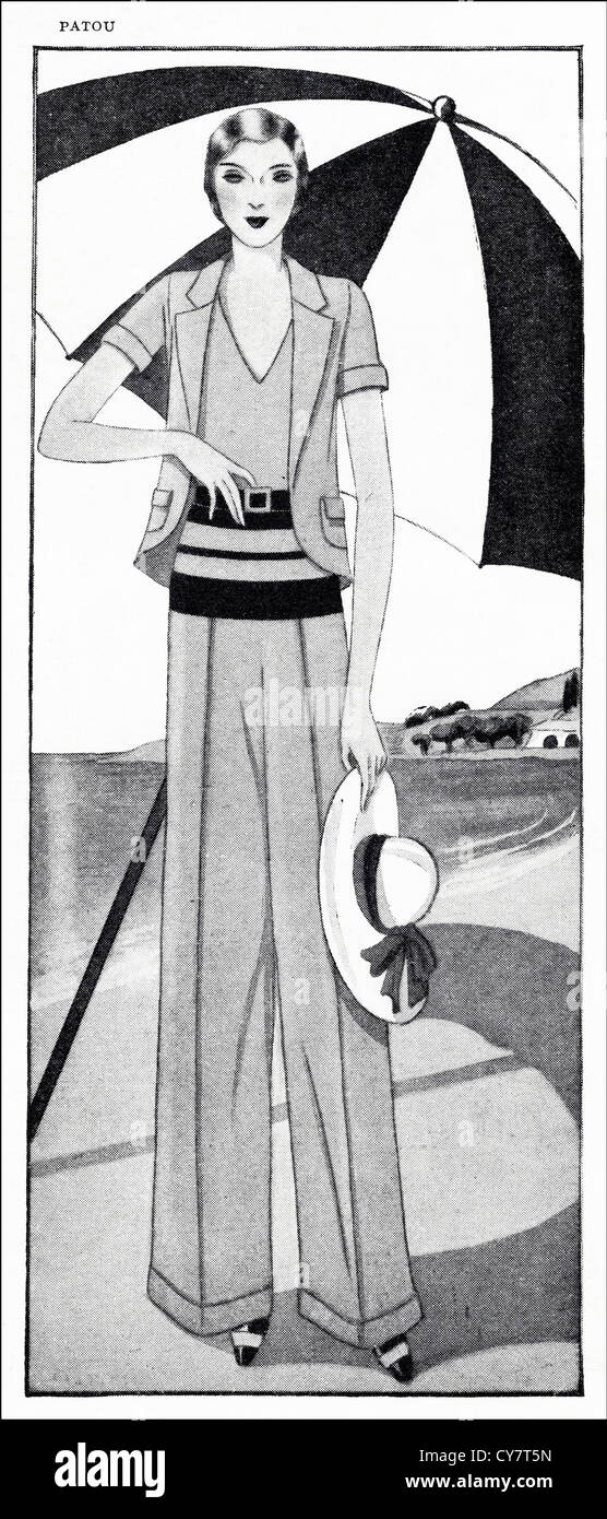 Original 1930s magazine illustration of Paris summer fashion. Short-sleeved coat and wide trousers in beige frisca a lightweight wool crepe. The sleeveless jumper is in beige wool jersey with bands of black and red at the hips by designer Patou. Stock Photo
