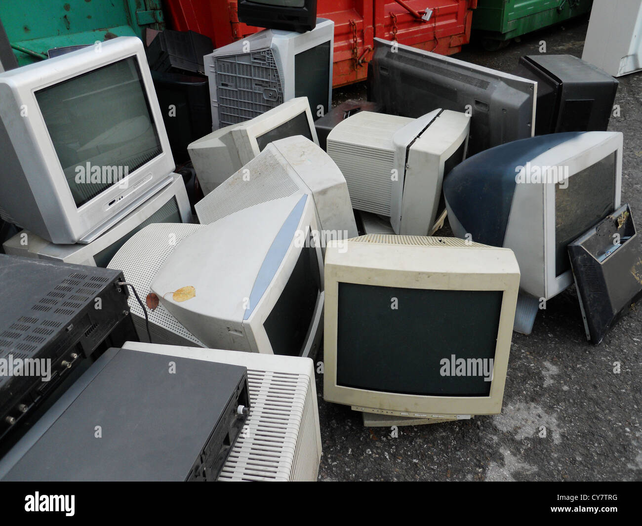 Computer parts and monitors for electronic recycling Stock Photo 
