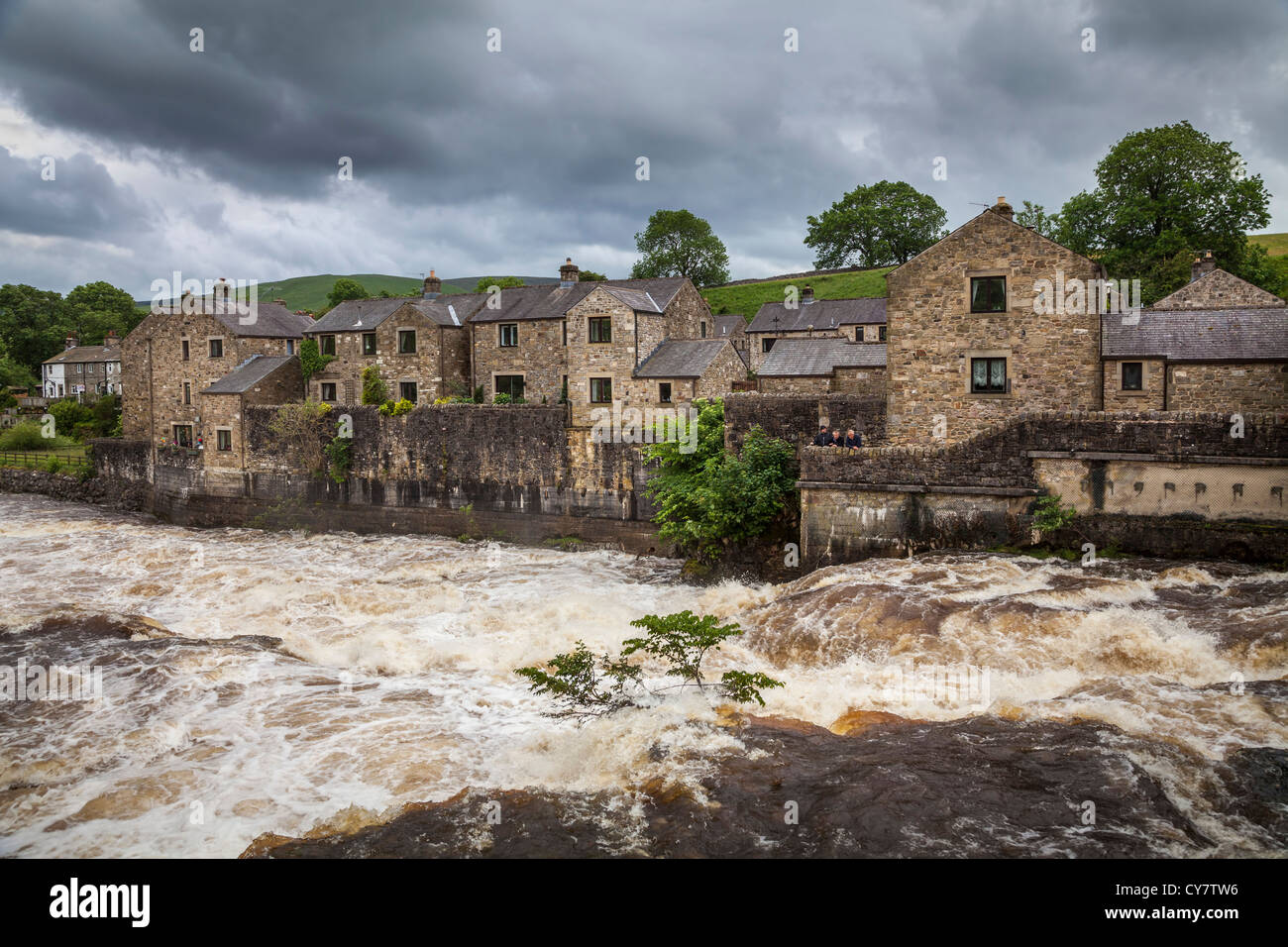 The river Wharf at Linton Falls after heavy rain, North Yorkshire. Stock Photo
