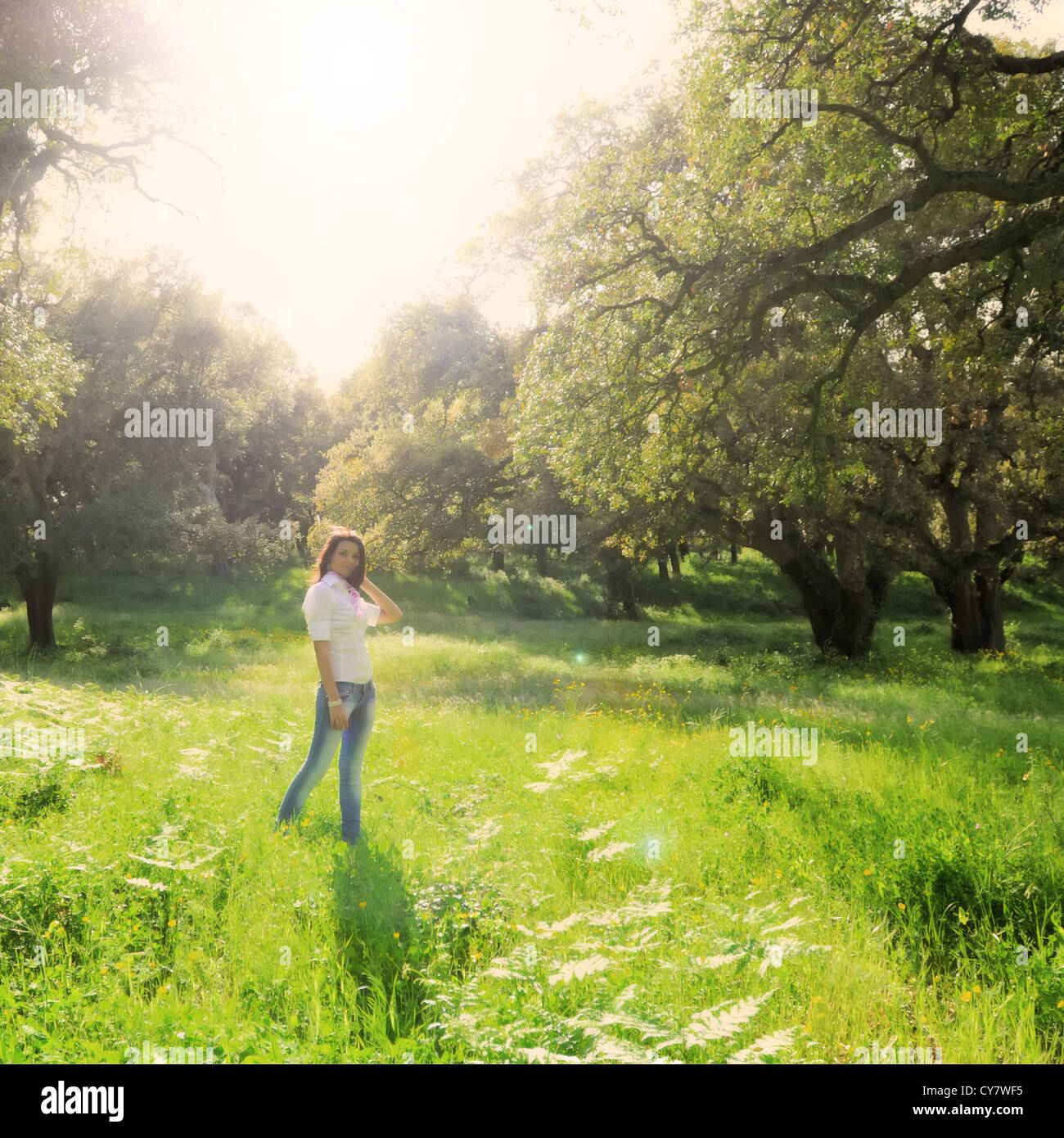 woman walking in the countryside Stock Photo