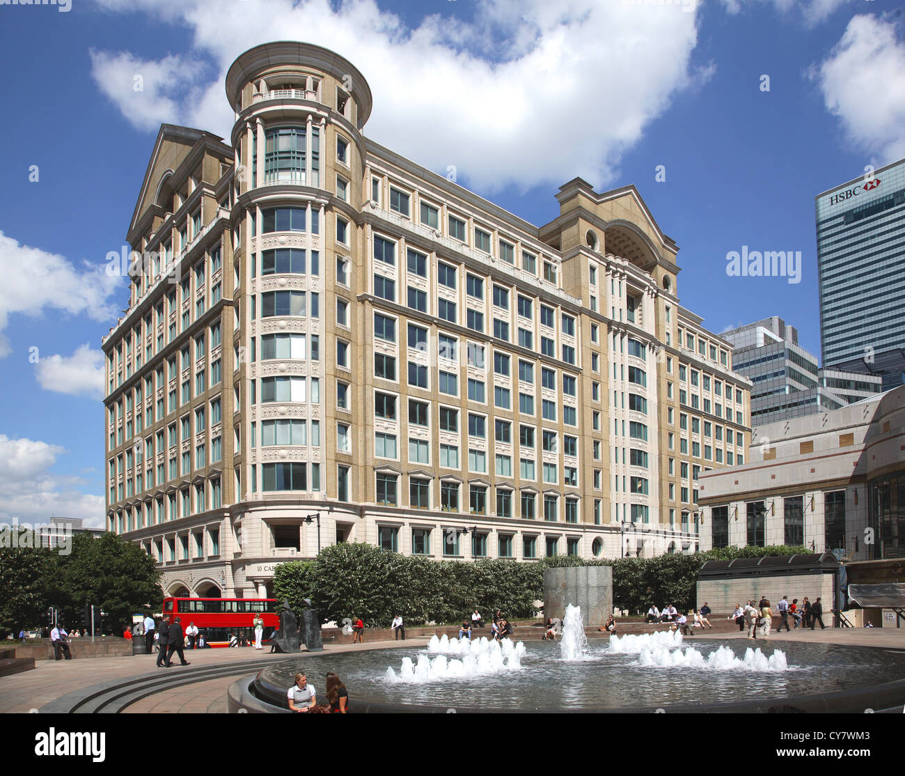 Cabot Square in London's Canary Wharf development showing fountains and surrounding buildings Stock Photo