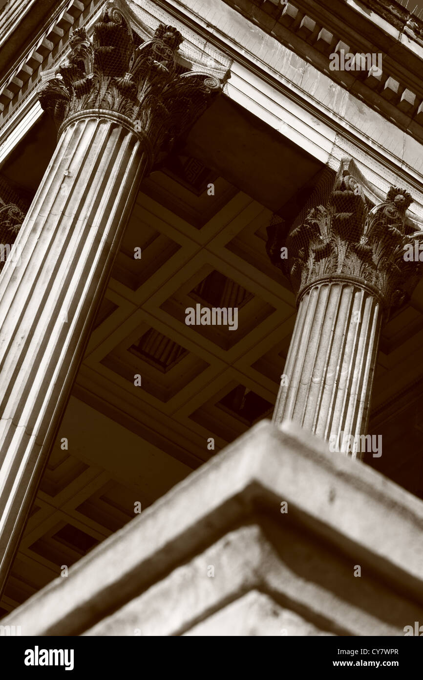 Looking up at some of the columns at the entrance to the National Gallery in Trafalgar Square, London Stock Photo