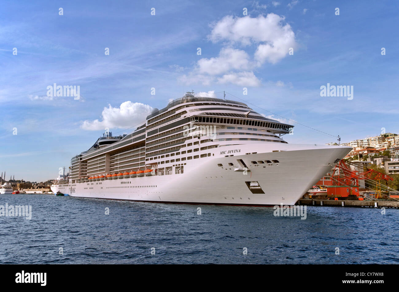 MSC Cruise Ship 'Divina' at Istanbul Cruise Port, Galata, Europe shore, Bosphorus, Turkey Stock Photo