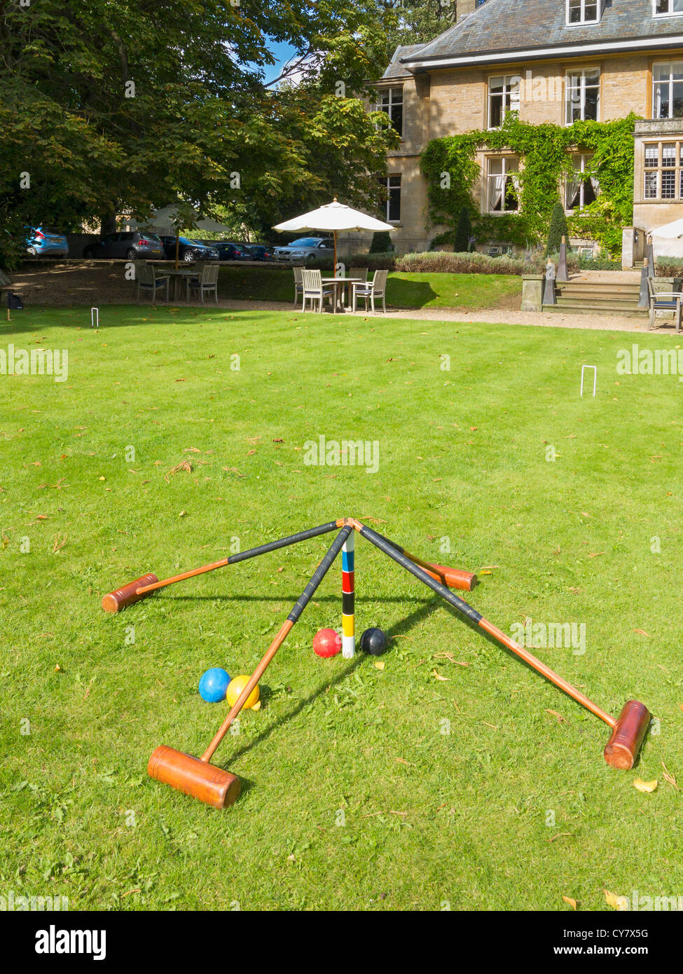 Croquet set on lawn, UK Stock Photo Alamy