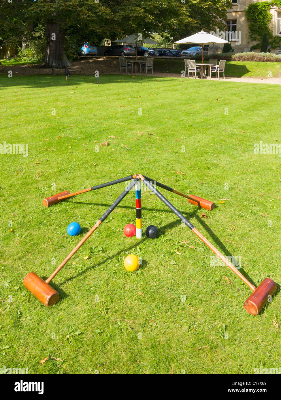 Croquet set on lawn, UK Stock Photo Alamy