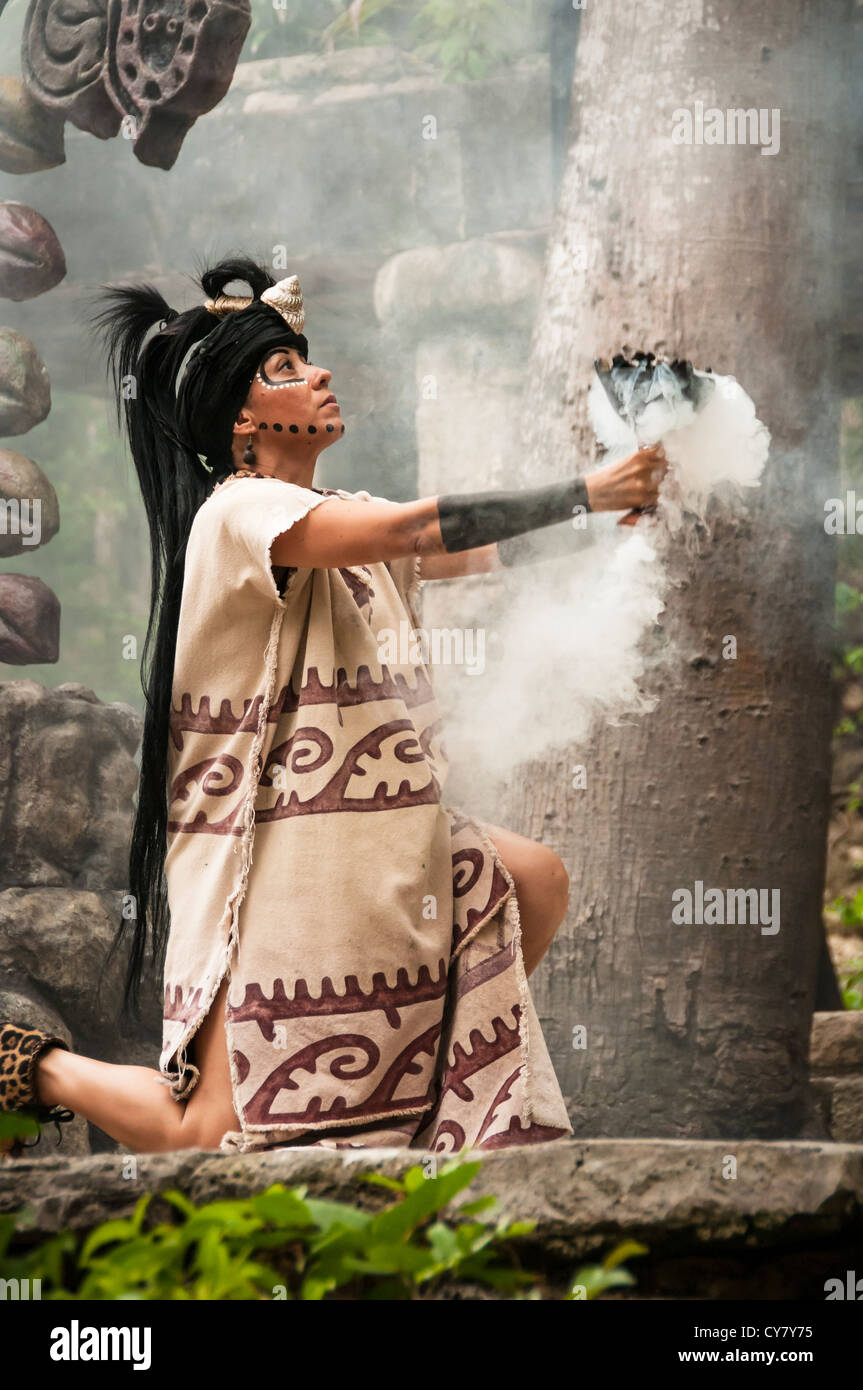 Maya woman performing in Mayan culture show 'Los Rostros de Ek chuah' at Xcaret park, Riviera Maya, Mexico. Stock Photo