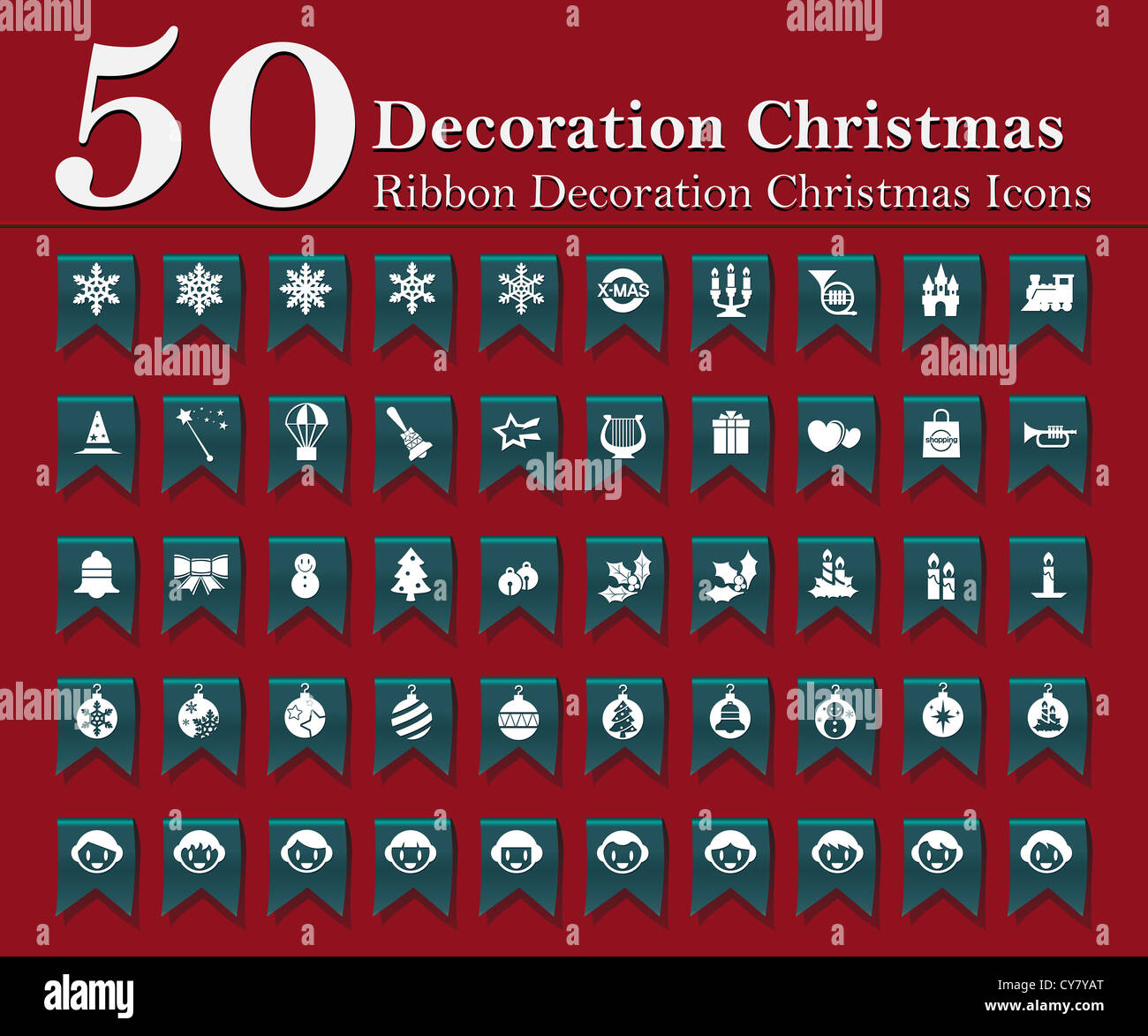 Christmas decoration icons set on blue ribbon Stock Photo