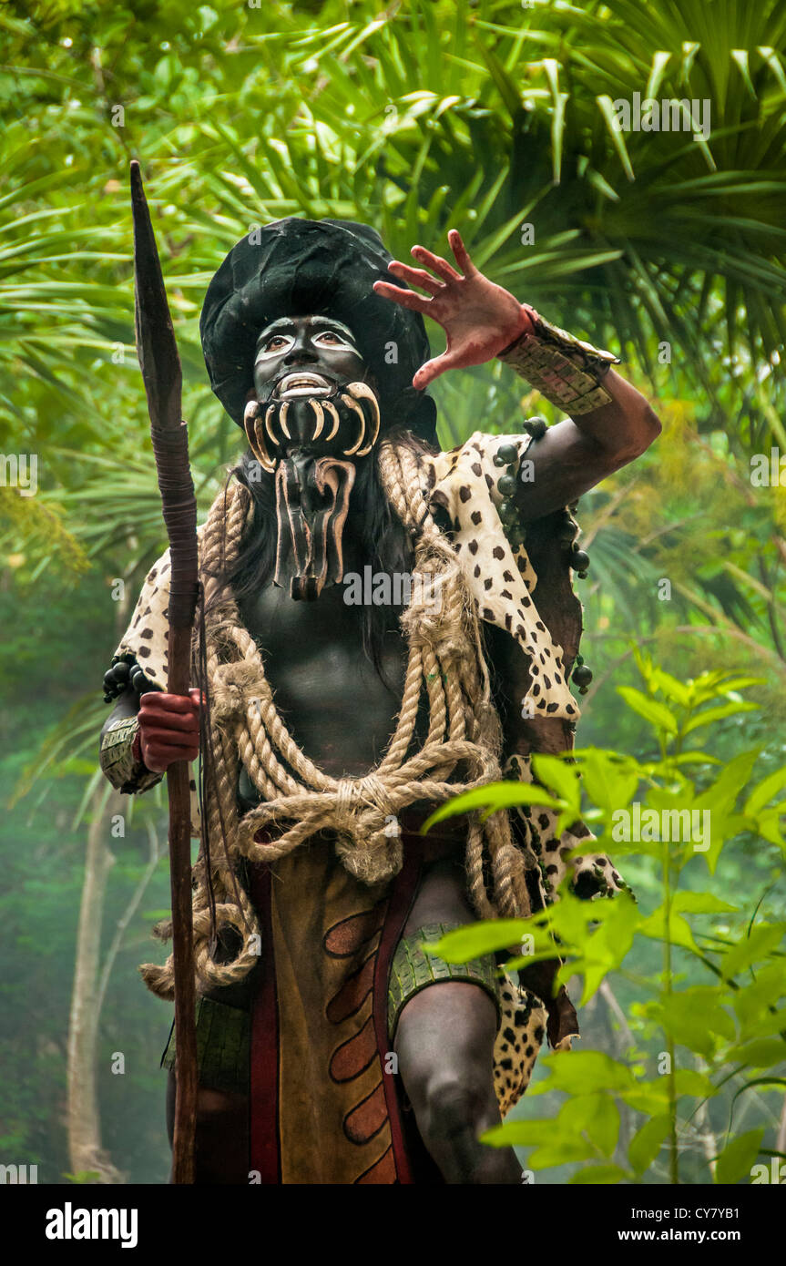 The Maya god “Ek chuah” (God of Cacao) during show “Los Rostros de Ek chuah” at Xcaret park, Riviera Maya. Stock Photo
