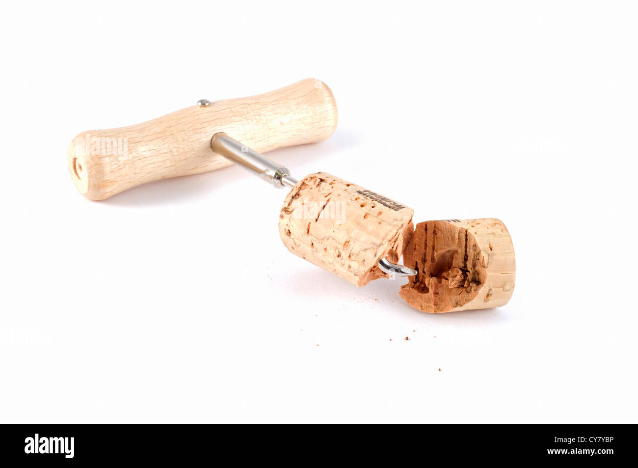 A cheap, low quality cork with corkscrew isolated on white Stock Photo