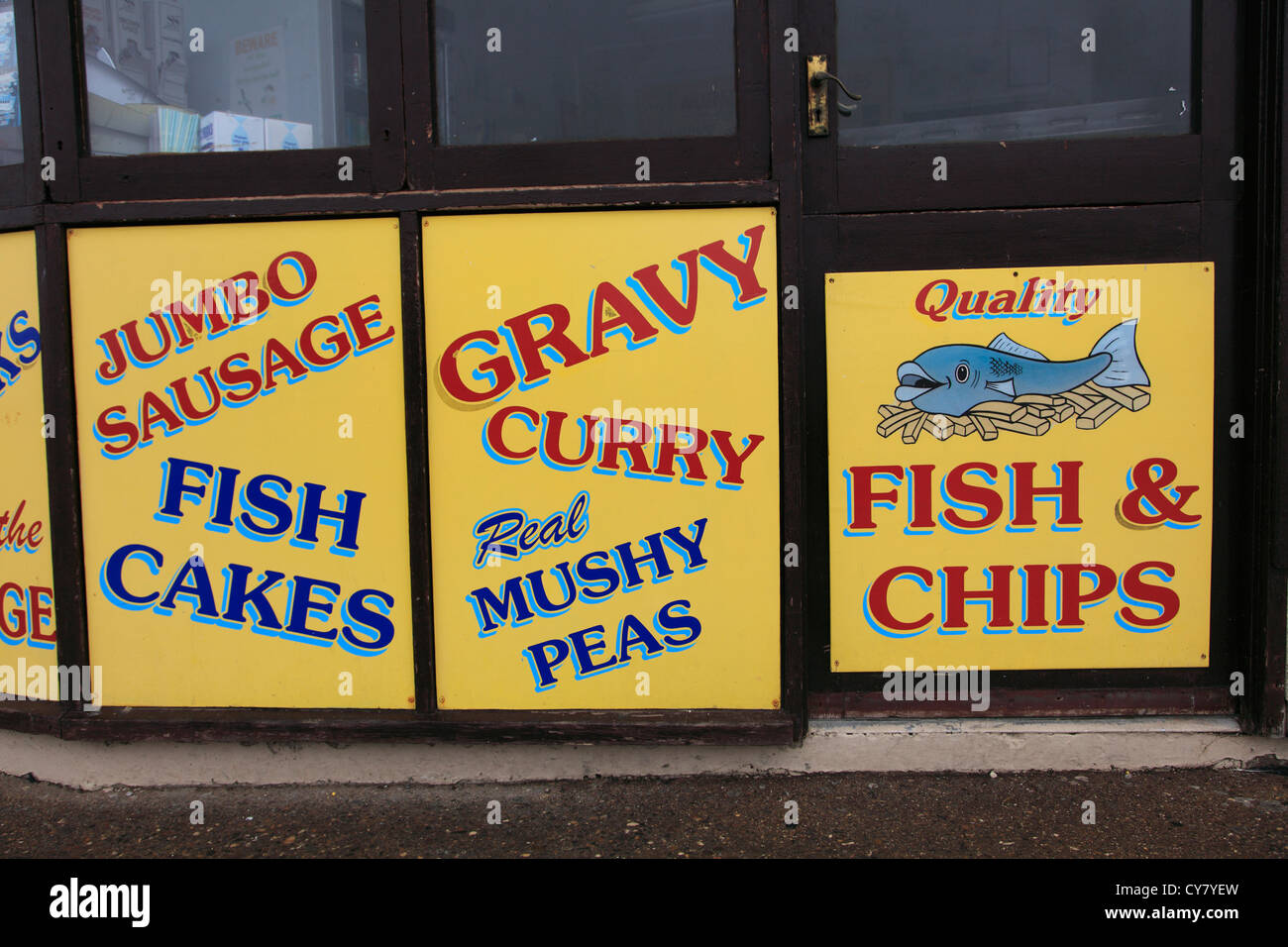 Old fashioned Fish and Chip shop sign, Bridlington, Yorkshire, England. Stock Photo