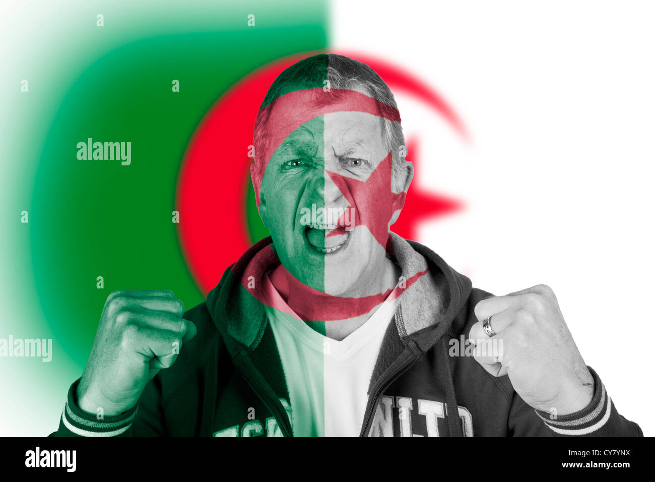 Algerian Algeria nationalistic loud enthusiastic fanatical angry football sports fan. Stock Photo