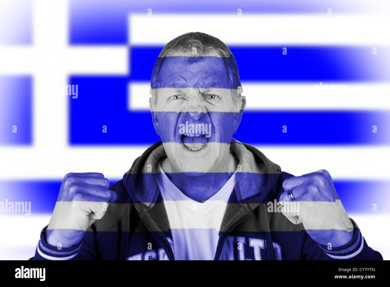 Greek Greece nationalistic loud enthusiastic fanatical angry football sports fan. Stock Photo