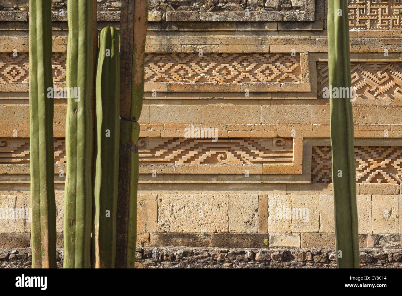 Cactus frame an ancient, decorated wall at the Mitla, Oaxaca archaeology site in Mexico. Stock Photo