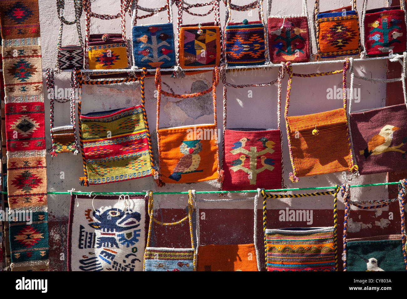 Woven purses made of wool on sale at a street market in Teotitlan, Oaxaca, Mexico. Stock Photo