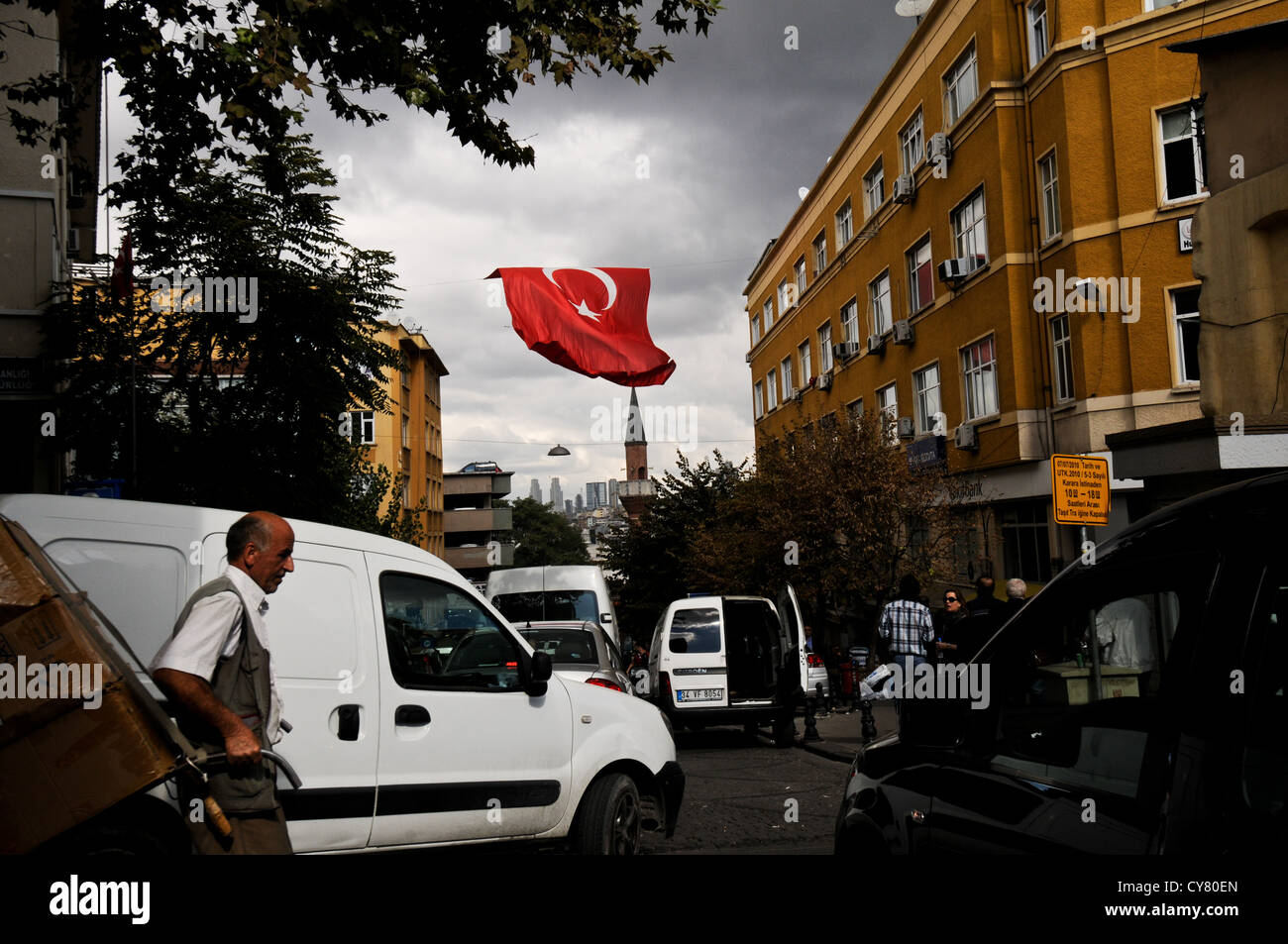 Eminönü,Istanbul,Turkey 2012, flag, city life Stock Photo