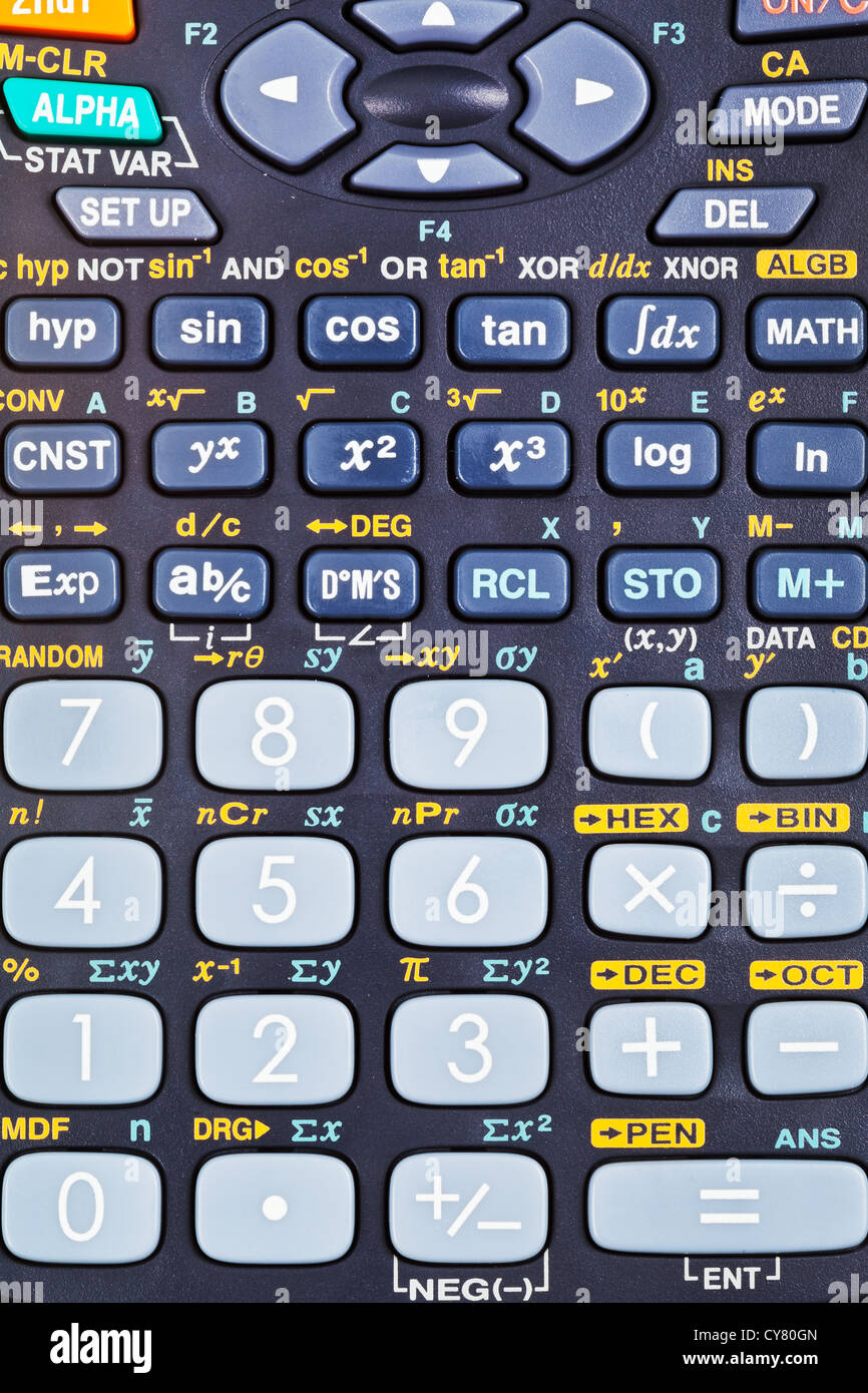 keyboard of scientific calculator with many mathematical functions close up Stock Photo