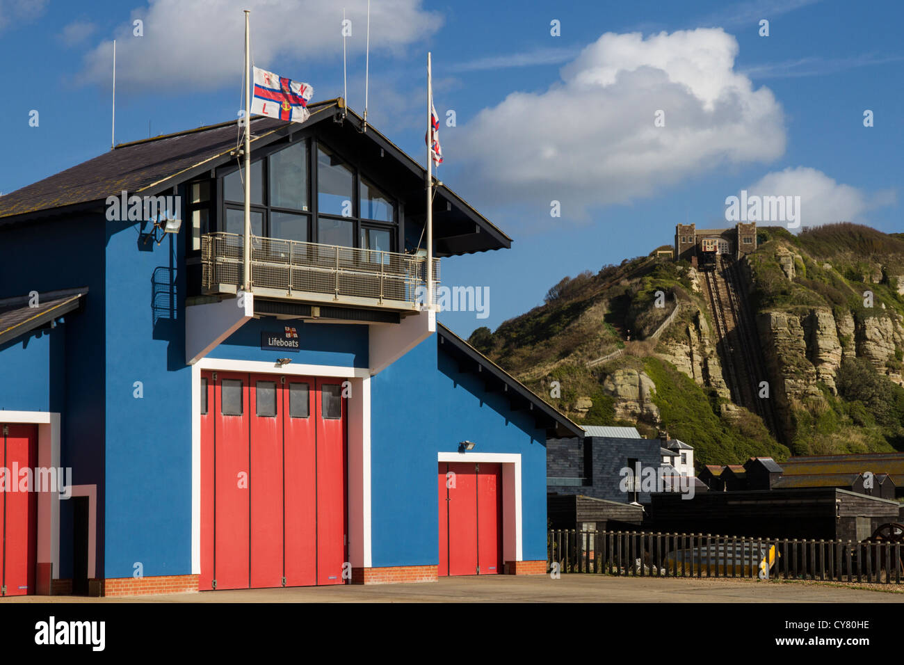 England Sussex Hastings, Lifeboat station & East Hill lift Stock Photo