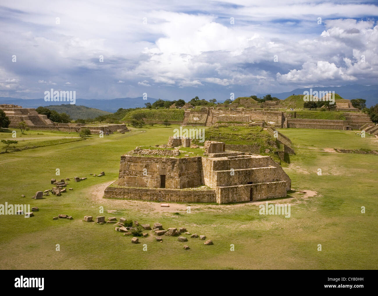 Monte Alban plaza as seen from the South Platform, Oaxaca, Mexico Stock Photo