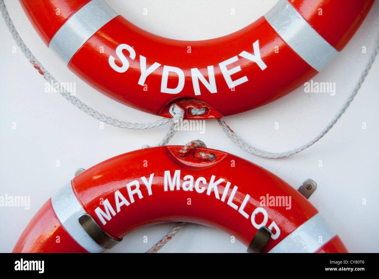 Life belts on Mary MacKillop ferry in Sydney Ferry is named after Australia's first saint Sydney New South Wales (NSW) Australia Stock Photo