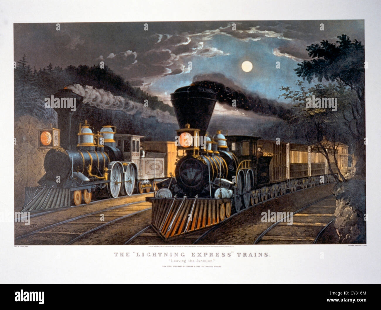 Lightning Express Trains, Currier & Ives, Illustration, Circa 1863