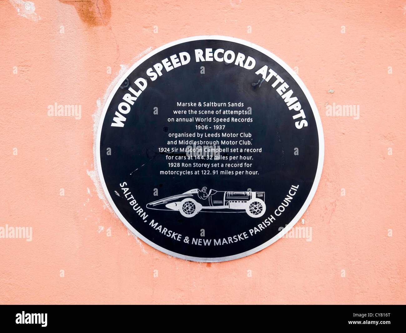 A plaque at Saltburn commemorating the annual attempts on the World Land Speed records held on the beach 1906-1937 Stock Photo