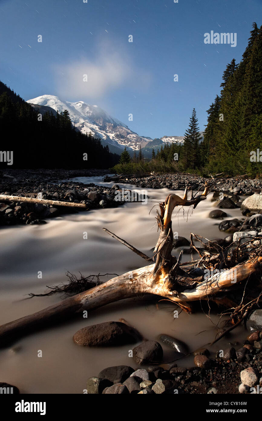 White River illuminated by moon light, Mount Rainier National Park