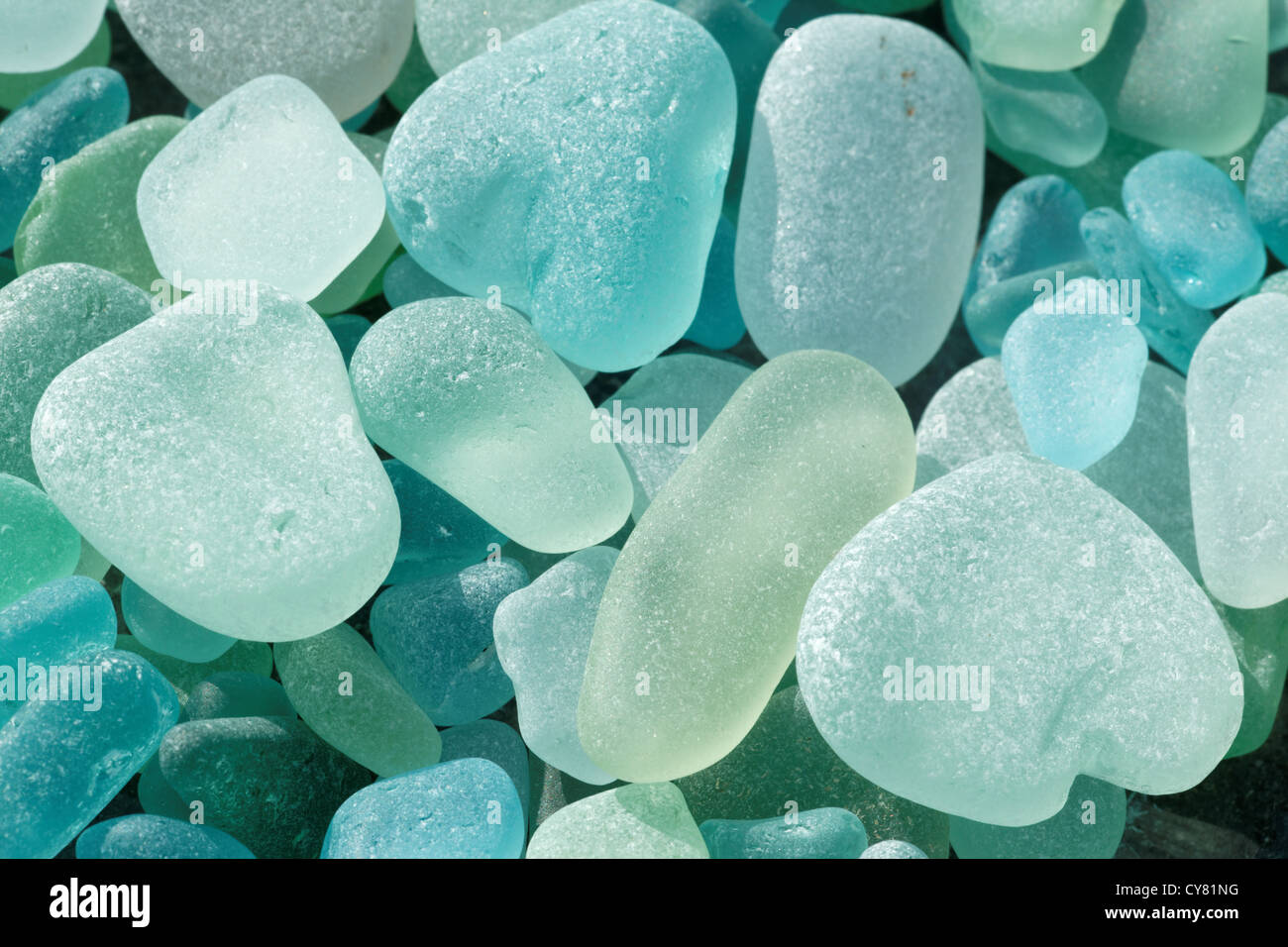 Weathered kelly green and light blue sea glass found at North Beach, Port Townsend, Jefferson County, Washington State, USA Stock Photo