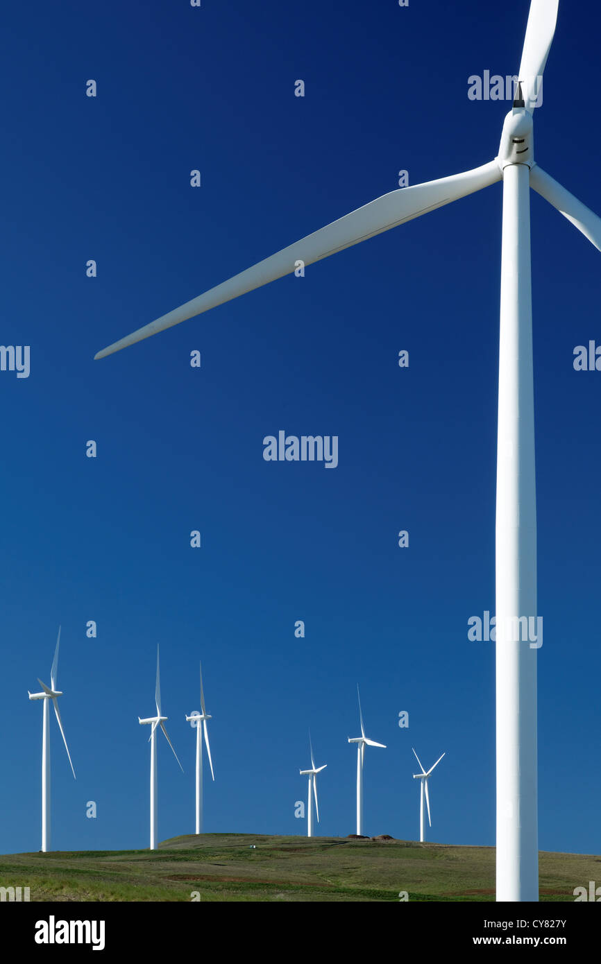 Wind turbines at Windy Flats wind farm, Haystack Butte, Columbia Hills, Goldendale, Klickitat County, Washington, USA Stock Photo