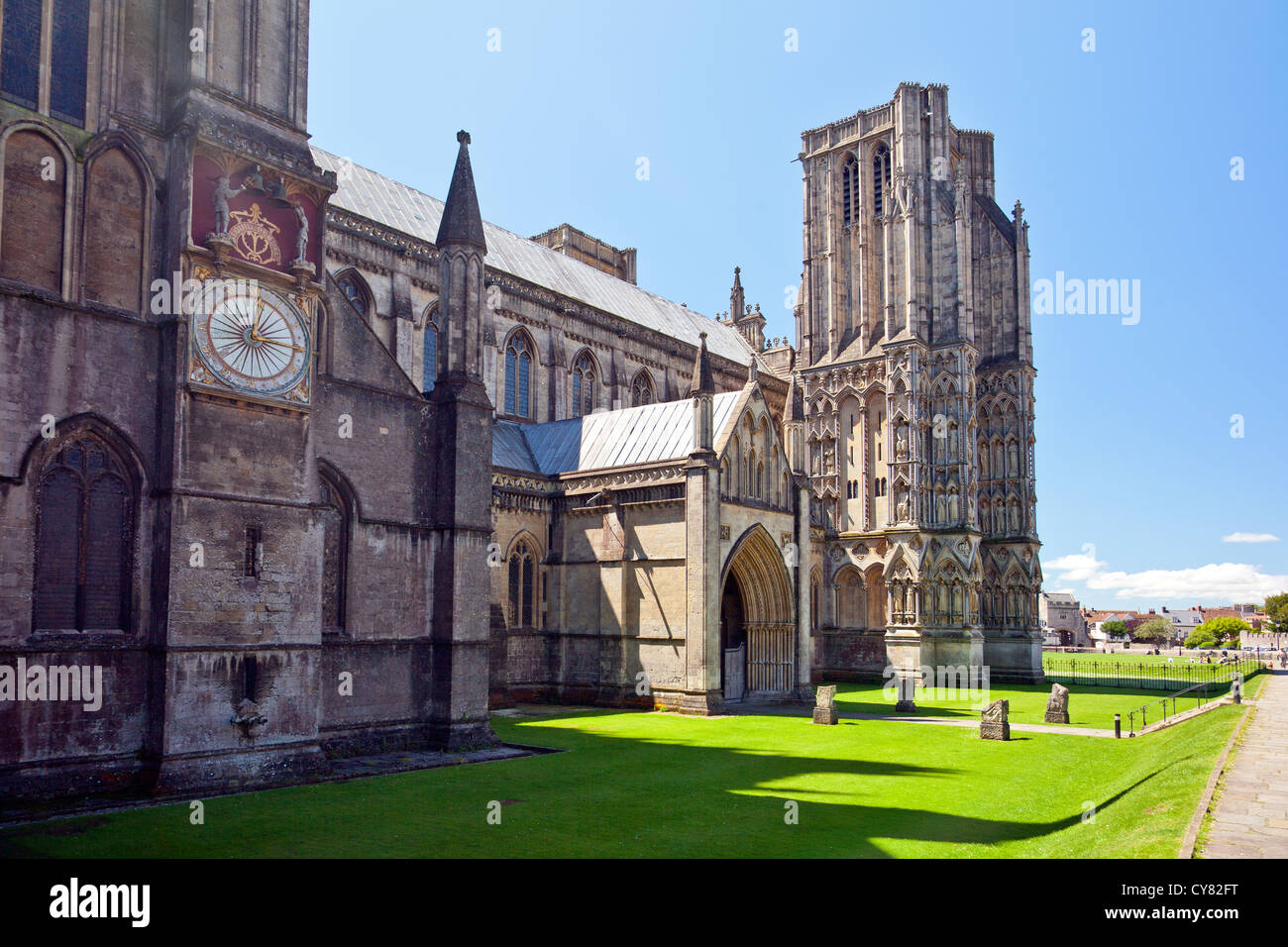 The historic 14th century medieval astronomical 'Wells Clock' on the outside wall of Cathedral in Wells, Somerset, England, UK Stock Photo