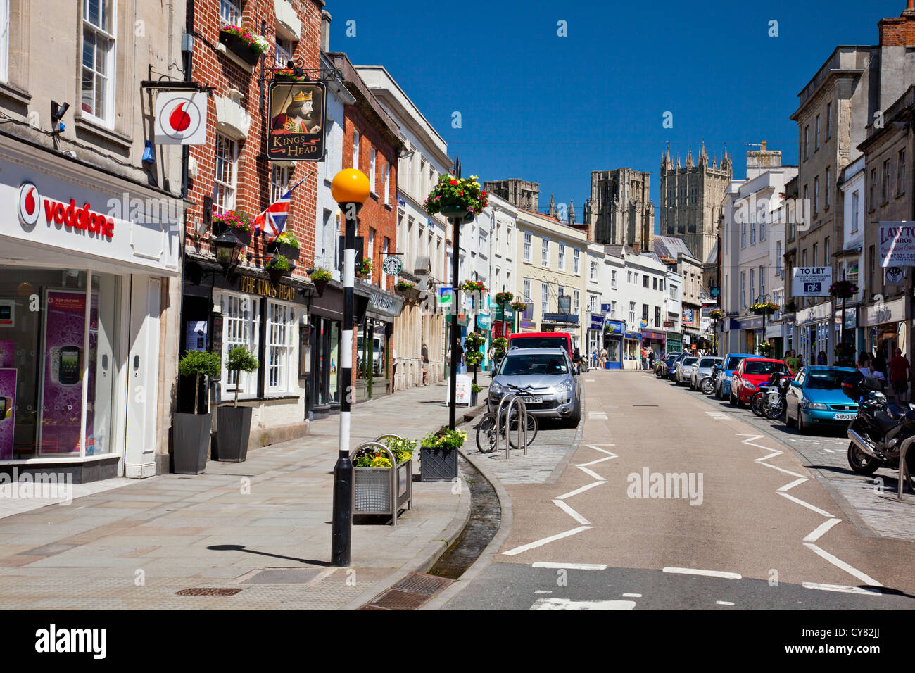 The High Street and Cathedral in Wells, Somerset, England, UK Stock Photo