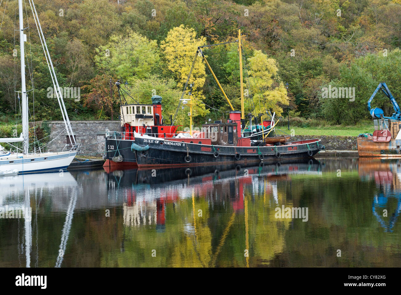 Crinan Canal and vintage Glasgow Puffers in Argyllshire, Scotland Stock Photo