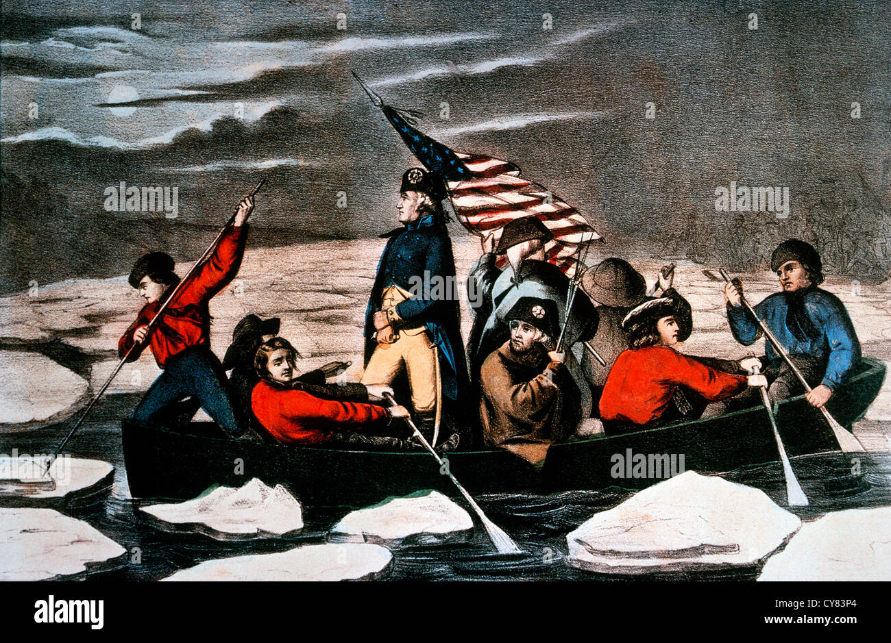 George Washington crossing the Delaware River, December 25, 1776, Currier & Ives, Lithograph Stock Photo
