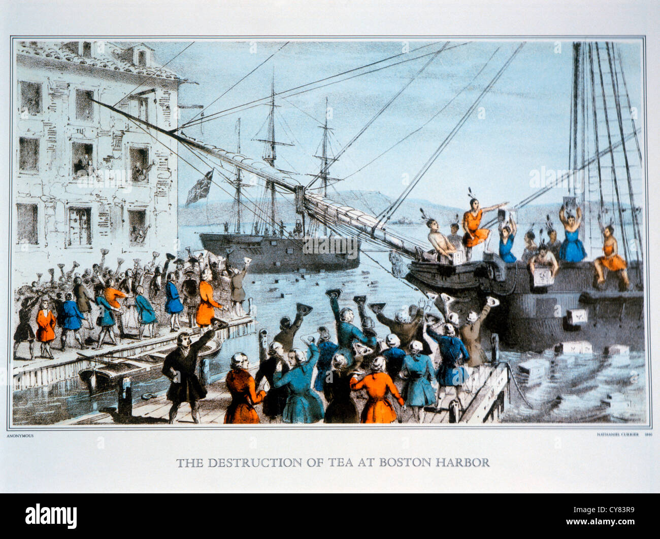 Boston Tea Party, 1773, Nathaniel Currier, Lithograph, Circa 1846 Stock Photo