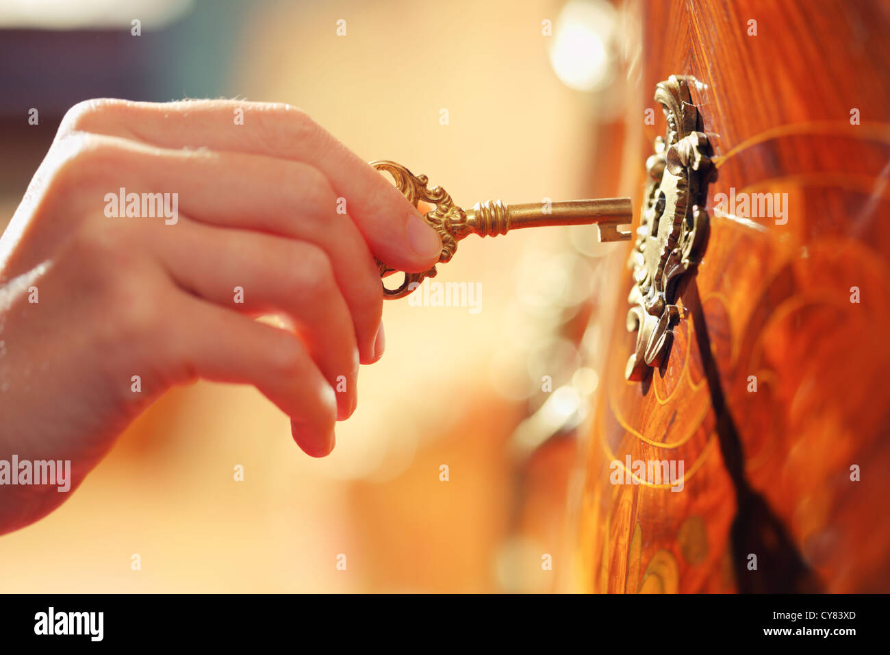 Hand inserting golden key in keyhole to open lock Stock Photo Alamy