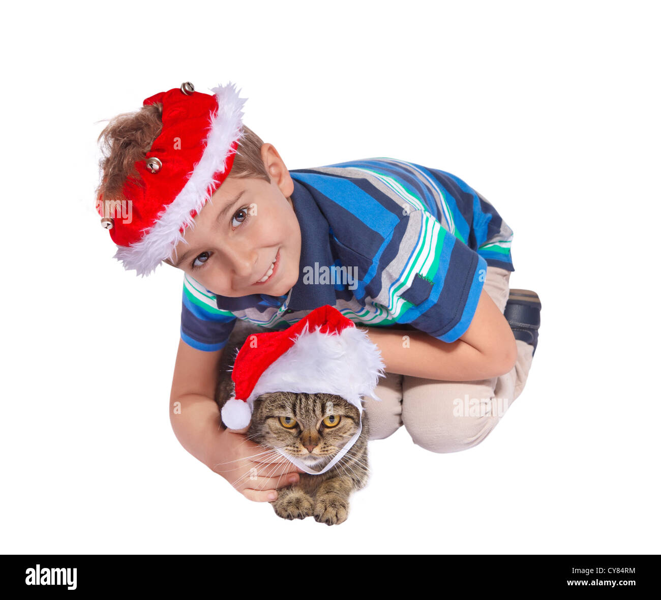 Christmas boy with a cat in a santa claus hat. Isolate on white background Stock Photo